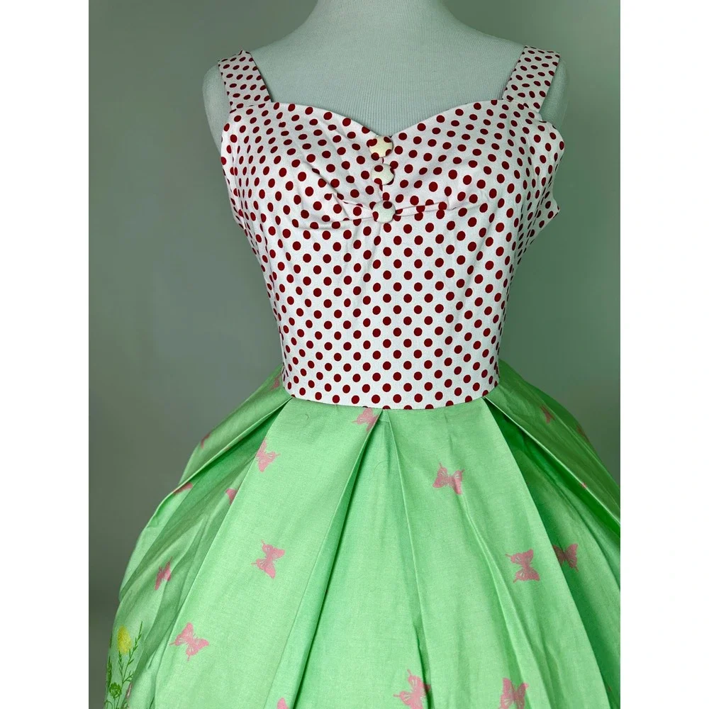 Retro 1950s Style Polka Dot Bicycle Print Swing Dress Green Red Small‎